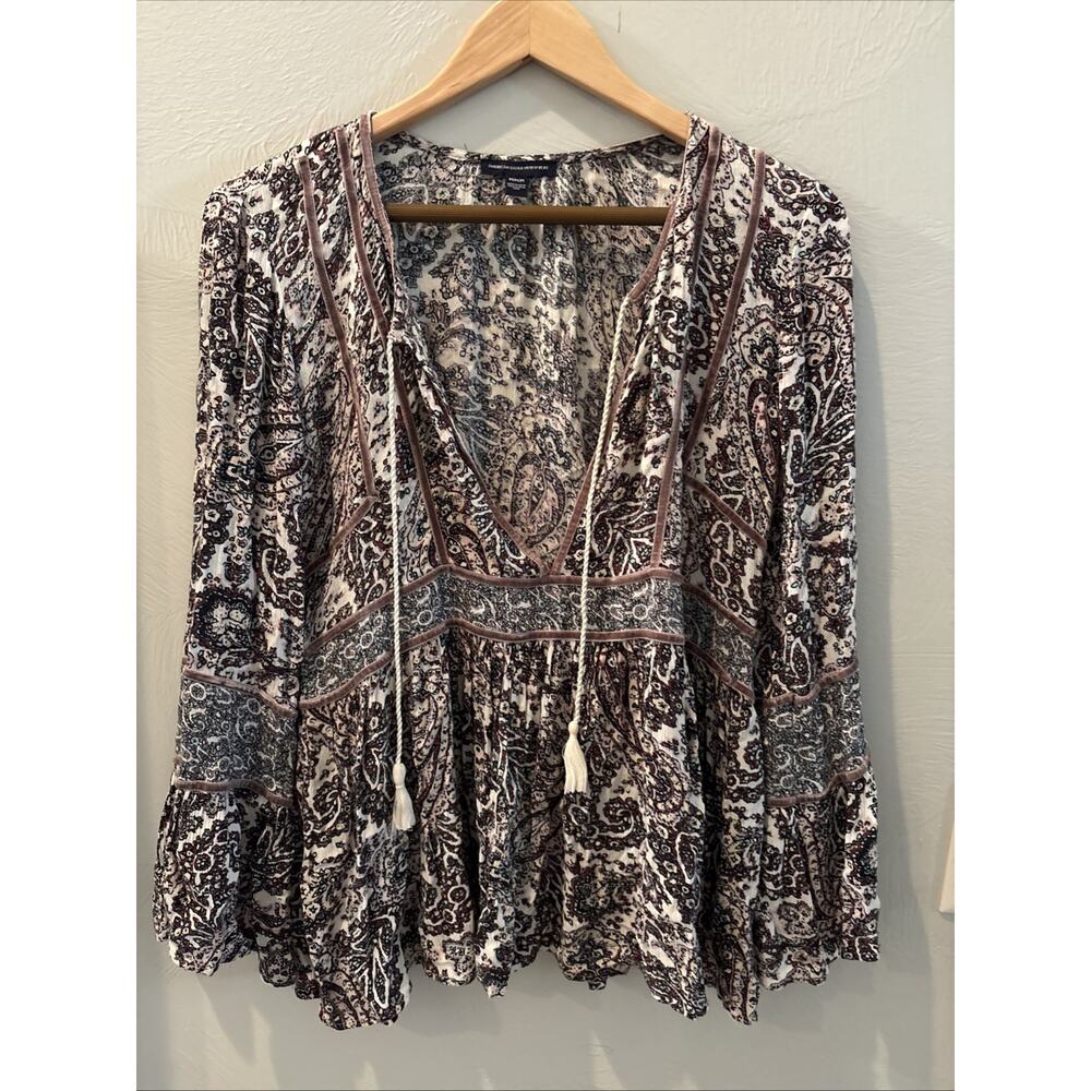 American Eagle Peasant Top M Paisley Bell Sleeve TasselsHippie Boho Fairy